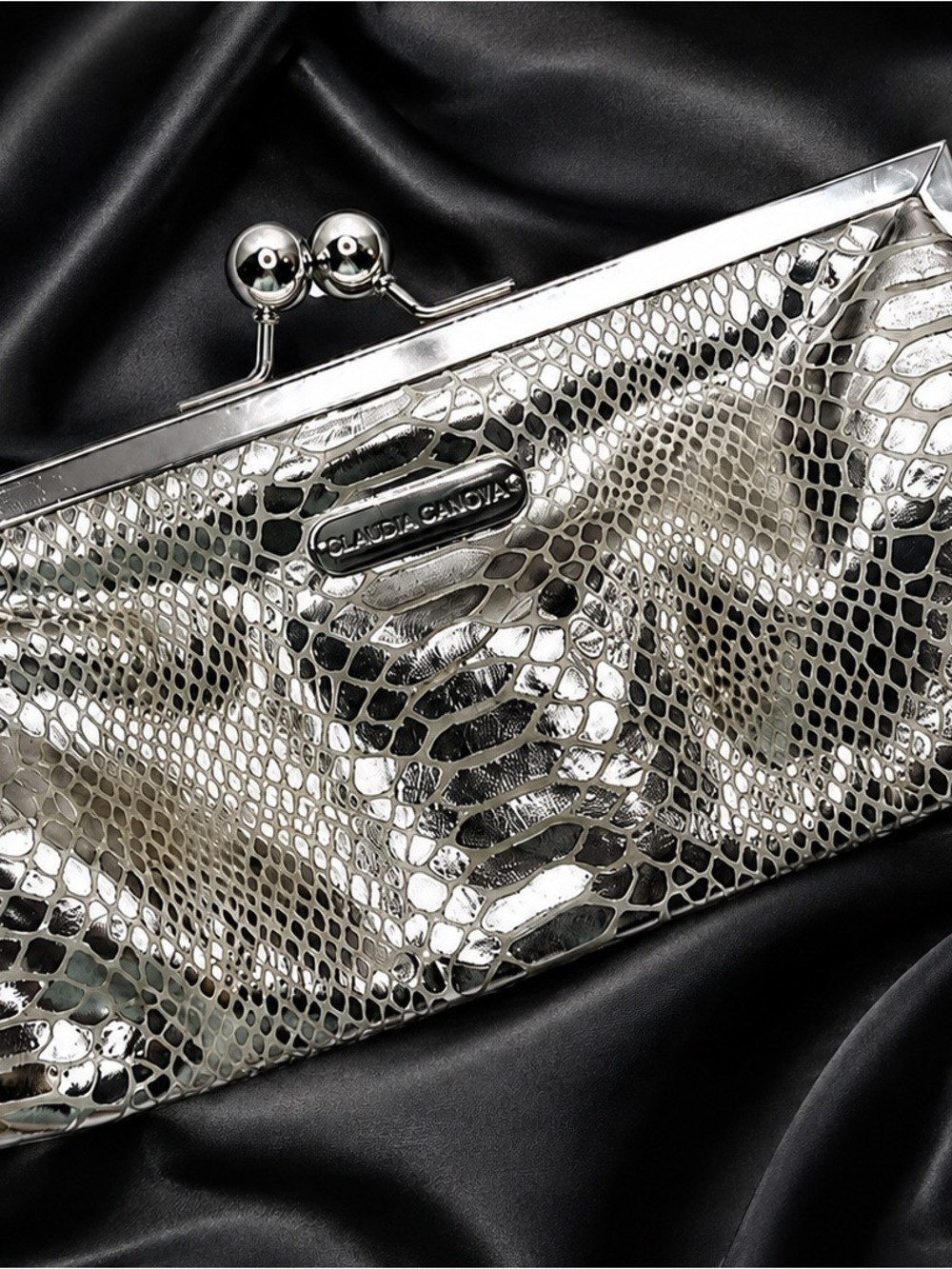 Claudia Canova Silver Metallic Leather Clutch Wallet Style 2000s
